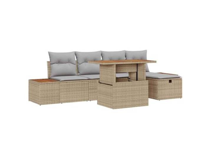 KTHLBRH Gartenmöbel-Set, 6-teilig, aus Polyrattan, Beige Polyrattan, UV-beständig, modular, Sitzsack und verstellbarer Tisch, dünne Kissen, versteckte Fächer