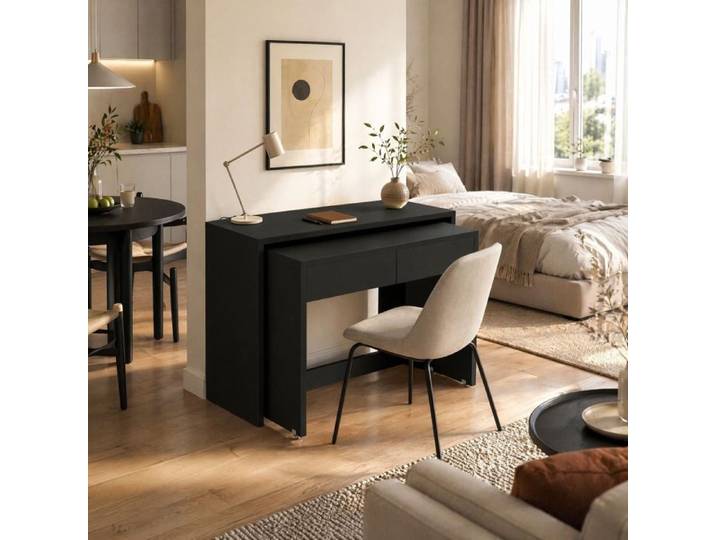 Bureau pliant 2-en-1 110x40x78 cm avec tiroirs sur roulettes table de bureau noire en panneaux de particules JOINERY