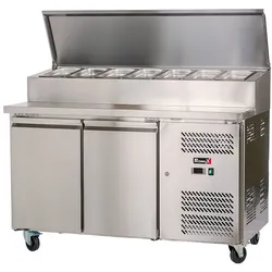 Romux® Saladette Kühltisch mit 2 Türen 136x70 cm für 7 GN 1/3 Behälter mit Umluftkühlung | Zubereitungstisch aus Edelstahl mit Kapazität 228 L