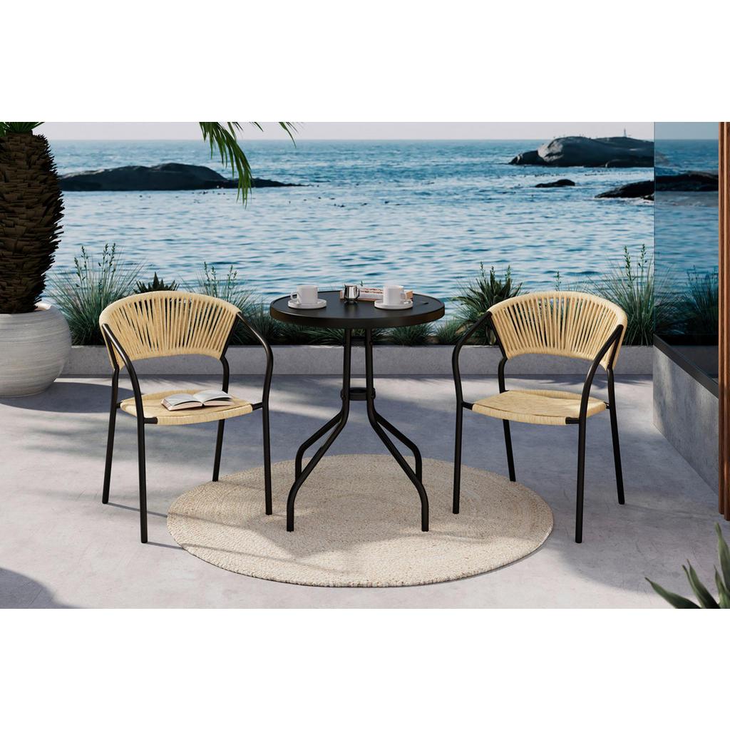 Ambia Garden Balkonset, Natur, Schwarz, Metall, Kunststoff, Glas, 3-teilig, Rundrohr, 55x78x55 cm, Tisch mit Glasplatte, platzsparend verstaubar, geeignet für Balkon, Balkonmöbel, Balkonmöbel-Set
