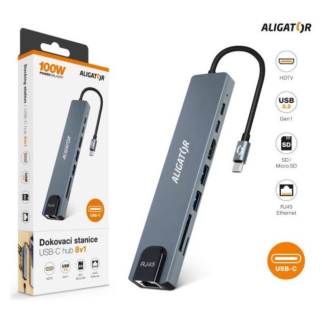 Aligator USB-C Dockingstation / Hub 8in1 (USB-C / 2xUSB / SD / MicroSD/ HDTV / RJ45) (USB-C, 8 Ports) (AHUB001)