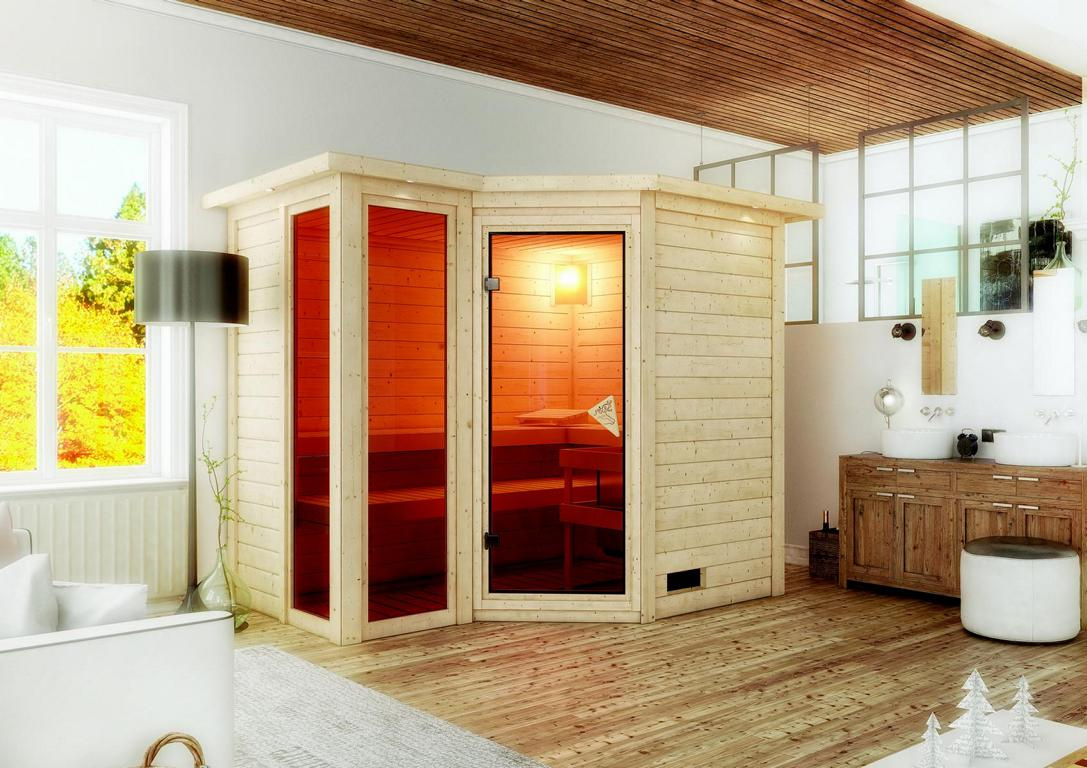 KARIBUHOLZT Sauna Amara Eck 9kW integr.Strg bronz.GGT u. DK 09221717