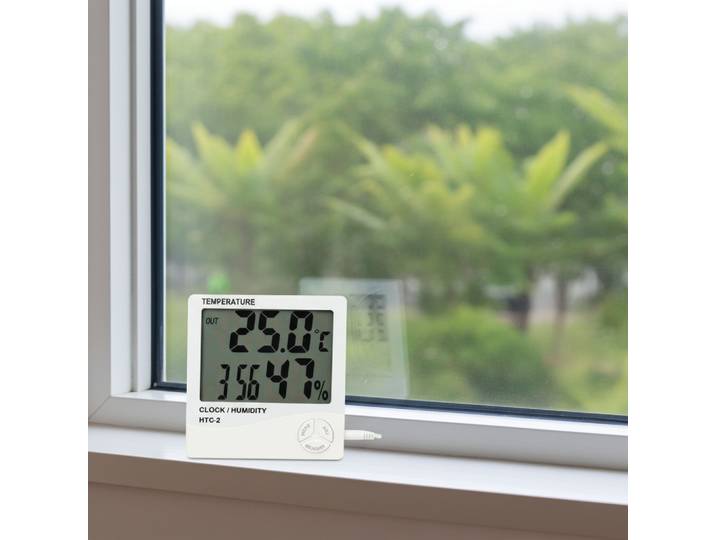 Digitales Hygrometer und Thermometer mit Außenfühler, Uhr und Wecker