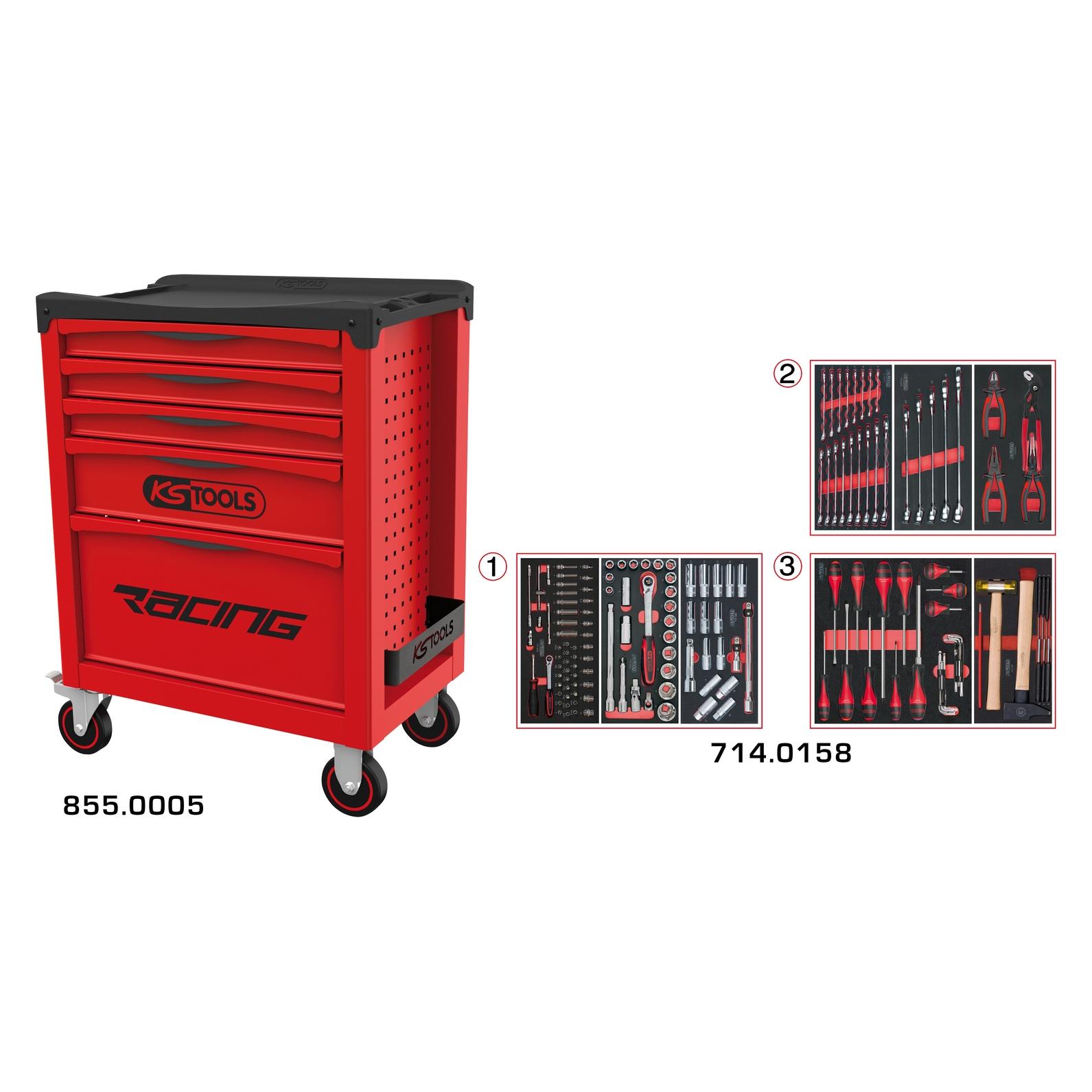 KS Tools RACING-Werkzeugwagen mit 5 Schubladen, bestückt mit 158 Werkzeugen (158x) (855.5158)