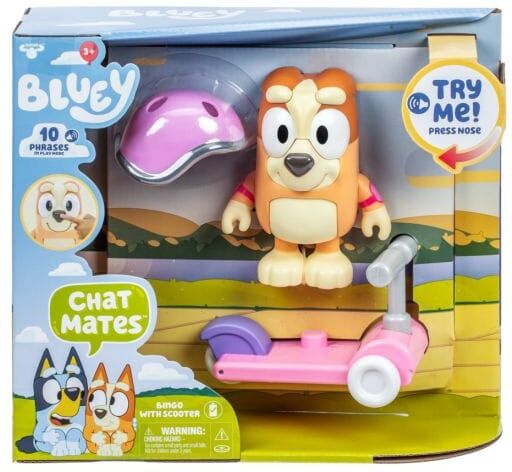 Bluey - Chat Mates Figure ; Accessory Scooter Bingo for Kids - Press Nose for 10 Phrases - Includes Scooter & Helmet - 5" Tall - Moose Toys