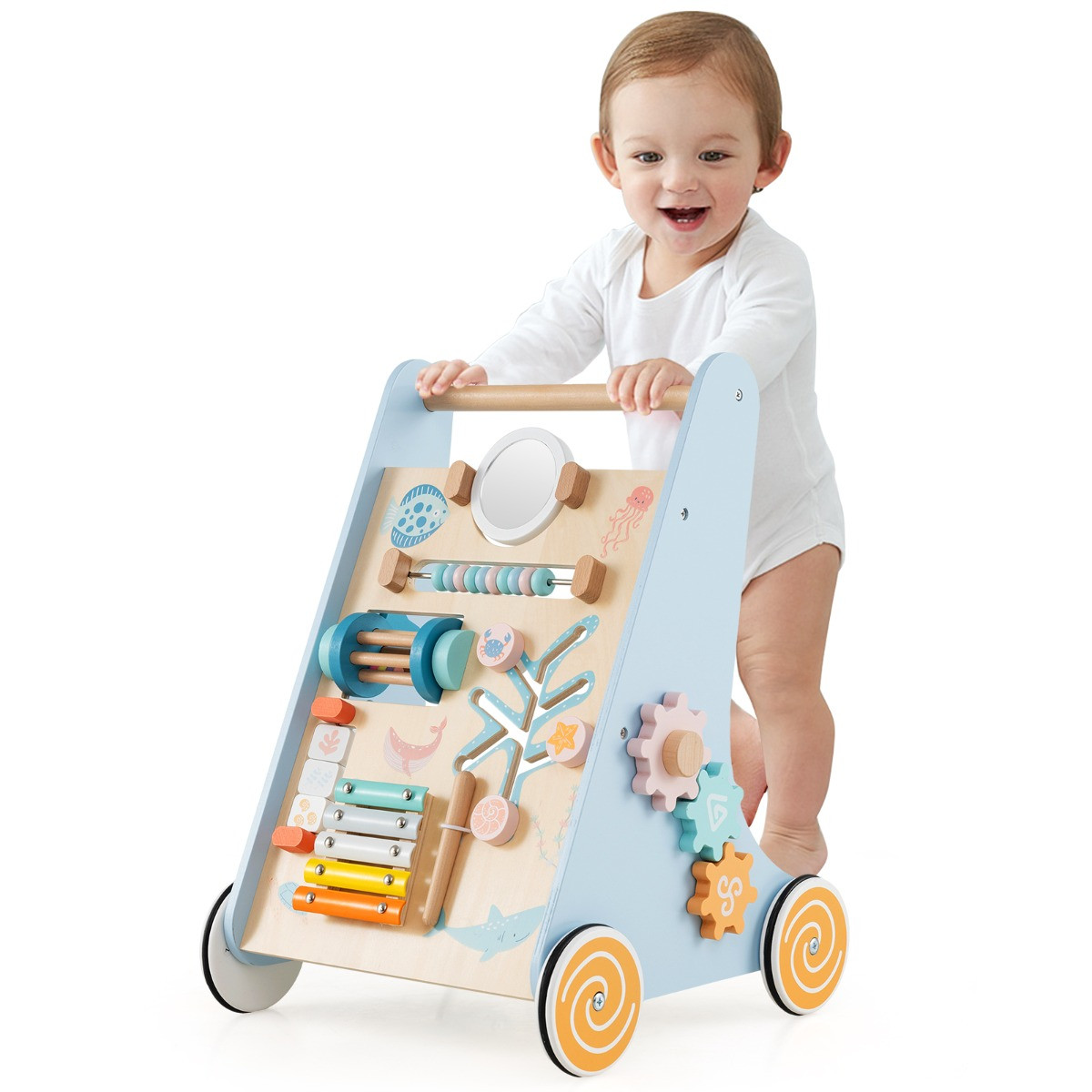 Costway Houten Baby Rollator Montessori Activiteitencentrum Blauw