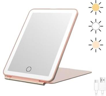 Fusion Finds Rechargeable Travel Makeup Mirror With Lights, 3 Color LED Vanity Mirror & Touch Dimmable Brightness pink