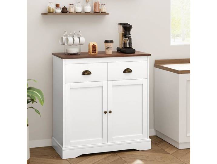 Buffet blanc campagne 2 portes 2 tiroirs bois étagères réglables salon