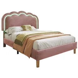 Polsterbett 90x190 Samtbett LED-Beleuchtung verstellbares Kopfteil Einzelbett modernes Schlafzimmer gemütlich Rosa