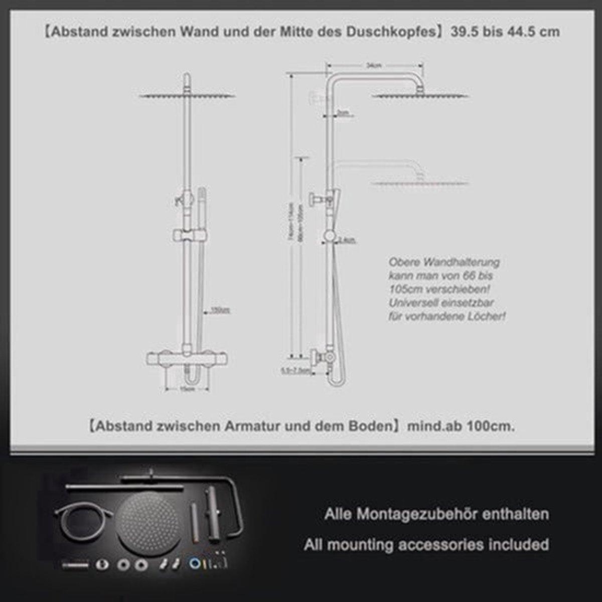 Duschsystem mit Thermostatarmatur, Regendusche (25 cm Durchmesser) und höhenverstellbarer Edelstahlstange