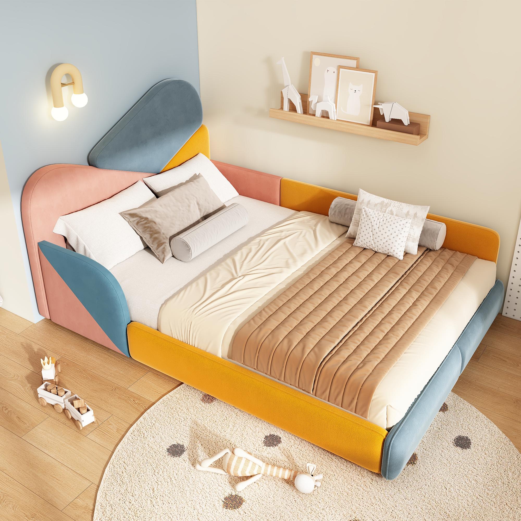 okwish mehrfarbiges Kinderbett 140×200 mit Seitenschutz, Polsterbett mit gepolstertem Kopfteil, Einzelbett,ohne Matratze