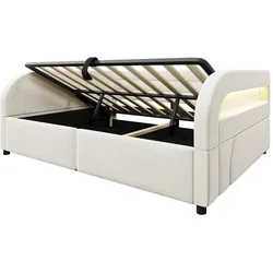 OKWISH Polsterbett Flanellstoff Beige 140x200 cm, hydraulische Hebefunktion, Stauraum und LED-Beleuchtung