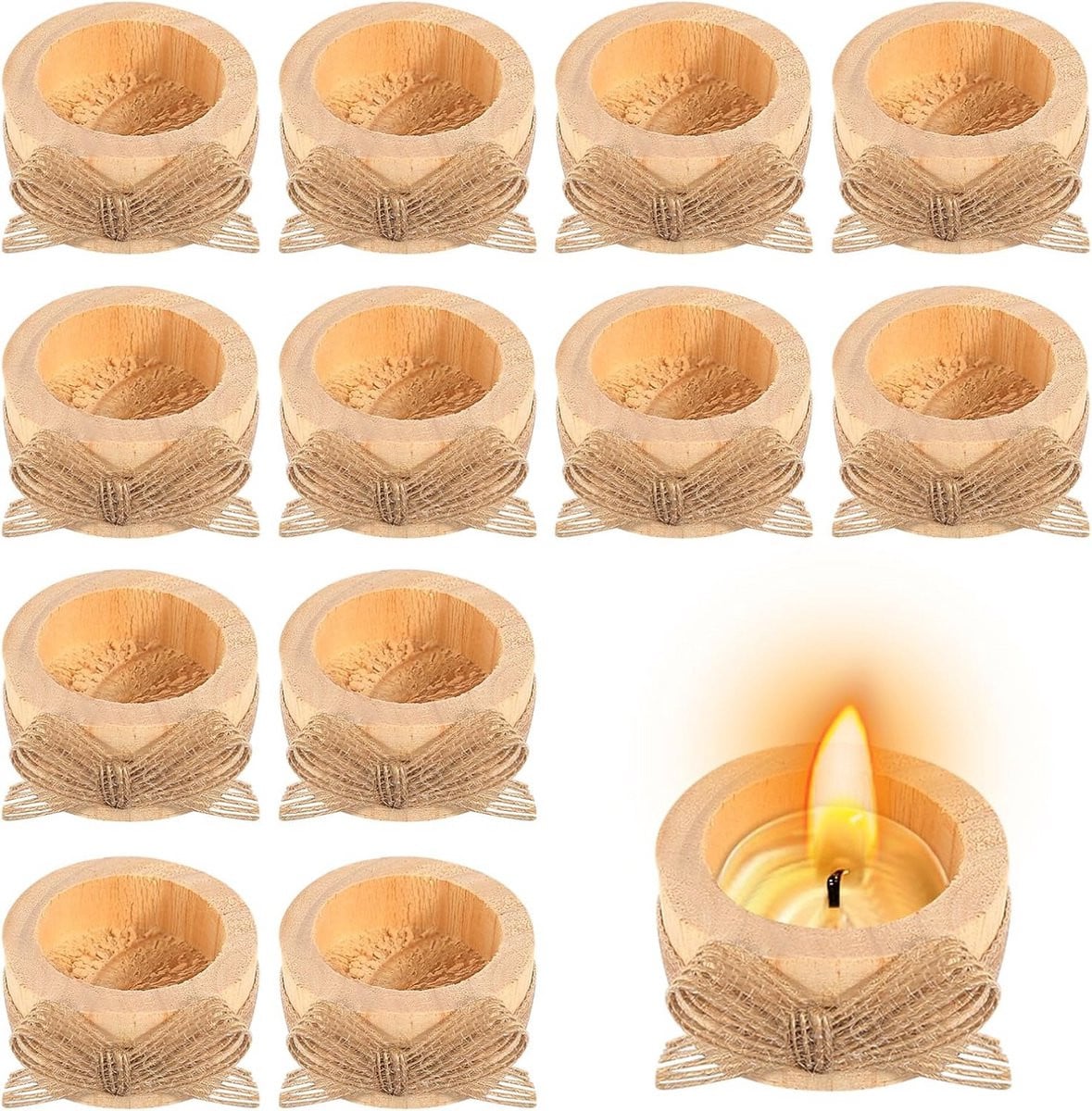 12x Houten Theelichthouders Rond - Natuurlijke Houten Kandelaars voor Tafeldecoratie en Feestjes