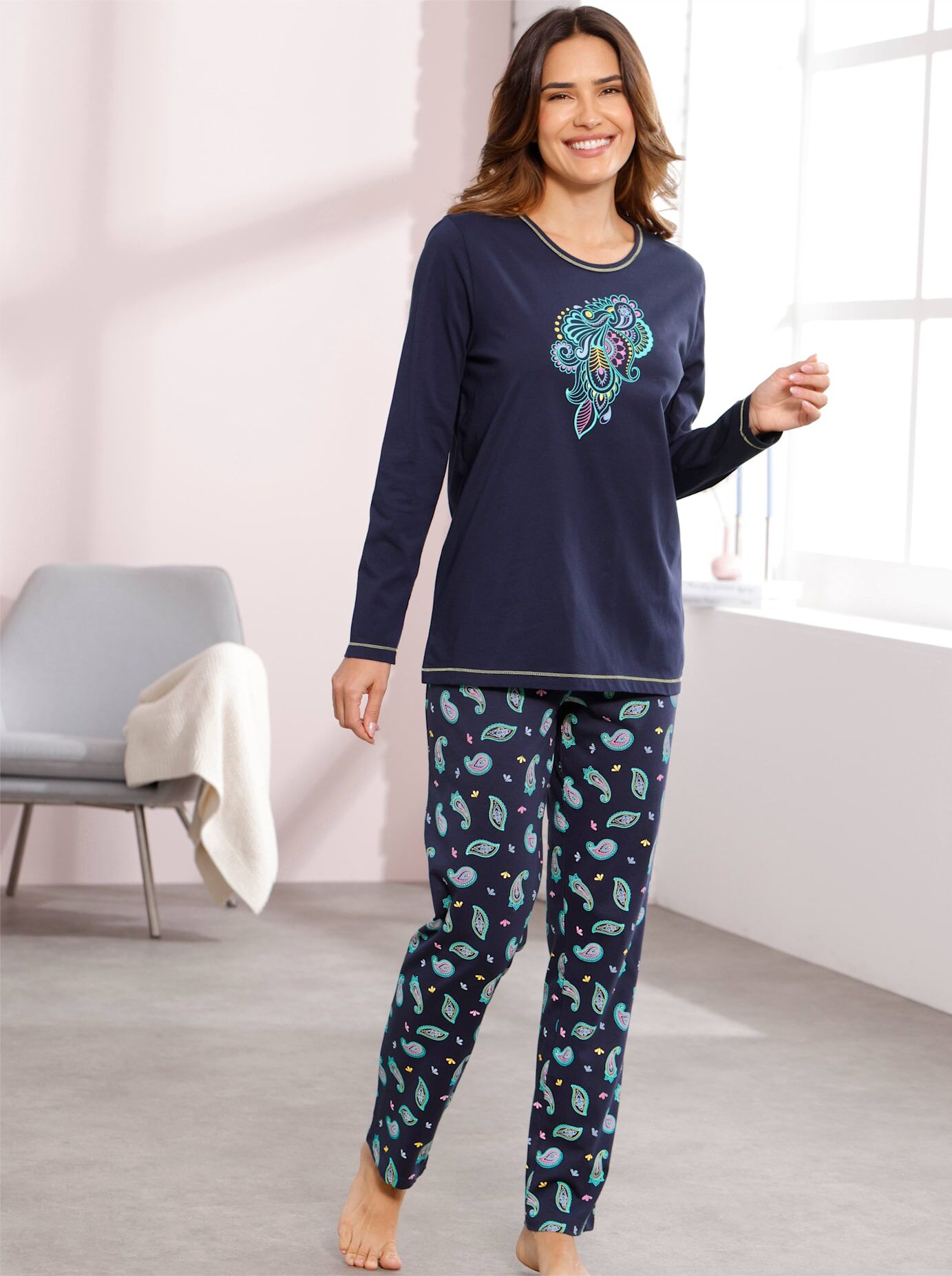 Schlafanzug, Damen, Gr. 36/38, blau (marine), 100% Baumwolle, Homewear-Sets Schlafanzug marine 36/38