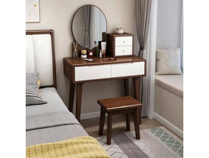 Schminktisch mit Spiegel und Hocker, Kleiner Schminktisch aus Massivholz Schminktisch-Set mit HD-Spiegel,4 Schubladen und L-förmigem Geländer für Frauen und Mädchen im Schlafzimmer(walnut2)