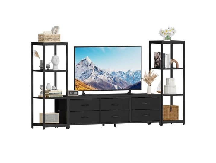 JoyGarden Meuble TV industriel pour TV 75  console multimédia avec 6 tiroirs et étagères modulables pour salon home cinéma - Noir