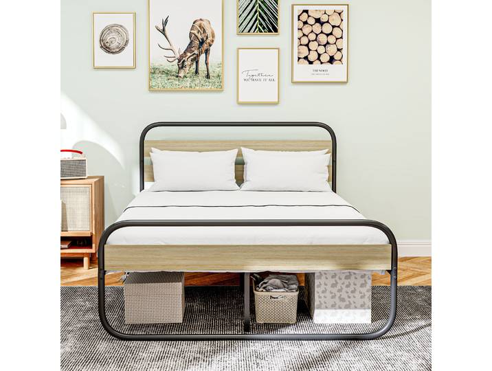 HOMCOM Lit Double 140x190cm Industriel Acier Bois