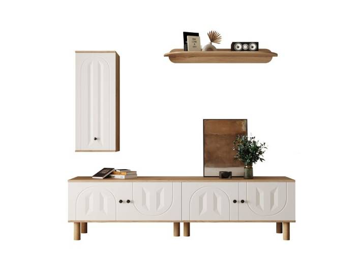 Ensemble meuble TV blanc/naturel Lowboard+Vitrine+Étagère murale portes sculptées montage nécessaire