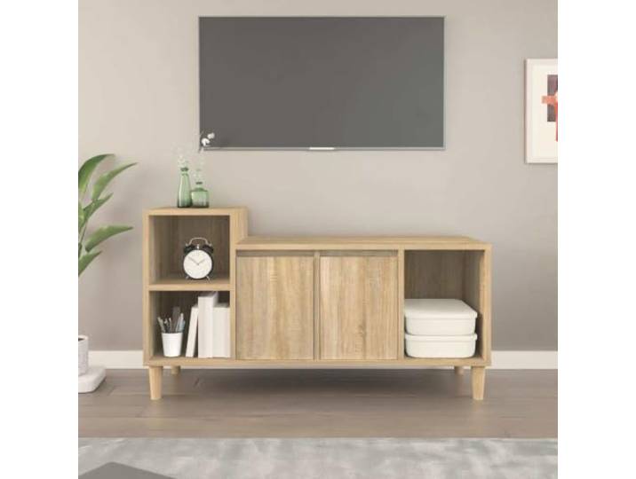 HEFZGDB TV-Schrank Sonoma-Eiche 100x35x55 cm Holzwerkstoff mit Türen und Fächern für Multimedia-Geräte, Stauraum Lösung, robuste Oberplatte und Wandhalterung