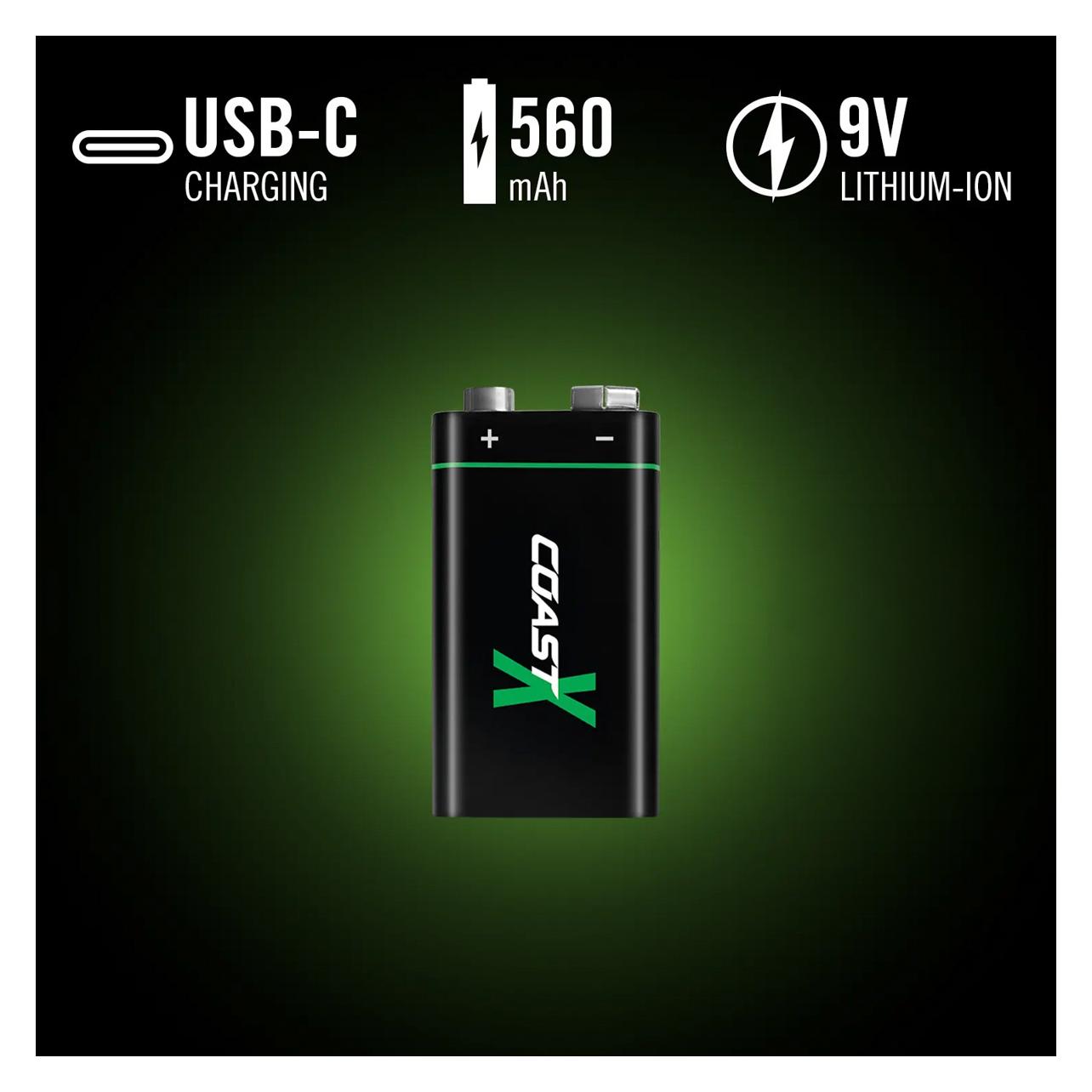 Coast 9V USB-C wiederaufladbare Batterie (2 Stk., 9V Block, 560 mAh) (COAST)