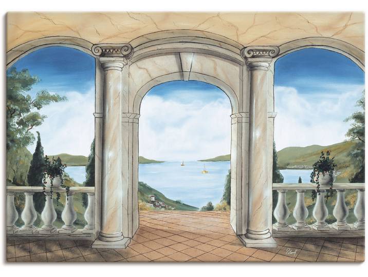 Leinwandbild ARTLAND griechische Terrasse , beige (farbe bild(er): naturfarben), B:100cm H:70cm, Bilder, Leinwandbild, auf Holzrahmen gespannt