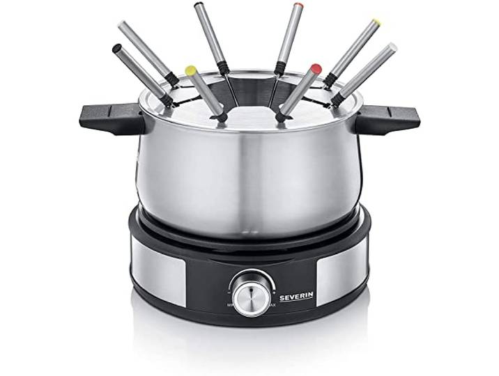 Severin Fondue Crêpière 2 en 1\, Inclus 8 fourchettes à fondue\, spatule à crêpe et répartiteur de pâte\, Inox/Noir\, FO 2471
