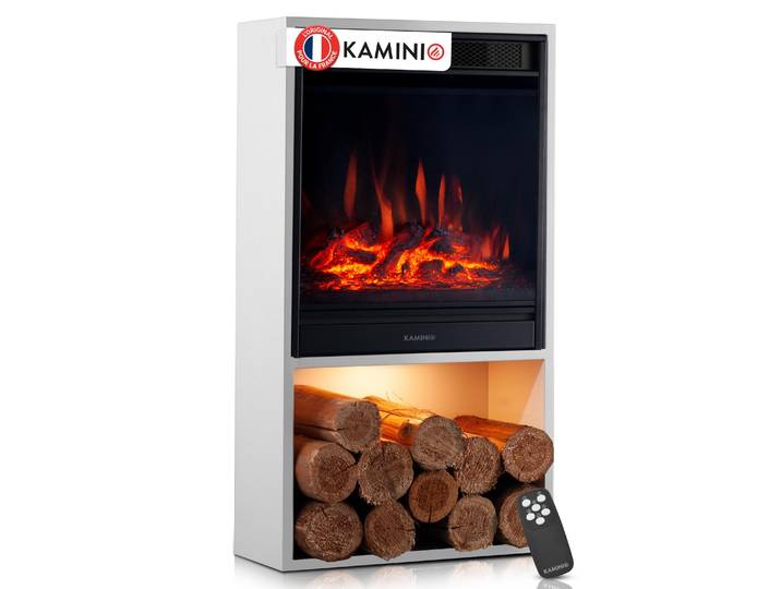 Cheminée électrique KAMINIO HUGO - Poêle électrique avec chauffage\, effet flammes 3D\, éclairage d'ambiance LED\, compartiment à bois\, télécommande - Blanc