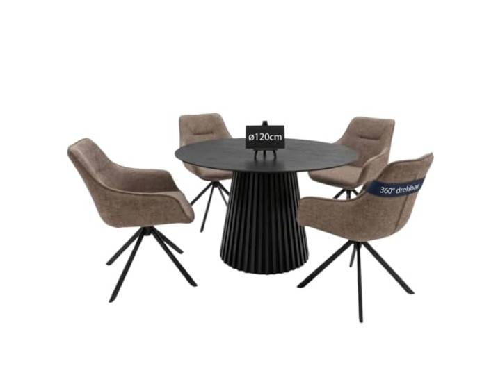 MR. DEKO Essgruppe mit 4 Stühlen Andria & San Carlo Essecke Komplett Set 120cm Tisch rund mit beige Stühlen Esszimmermöbel modern Küchenmöbel