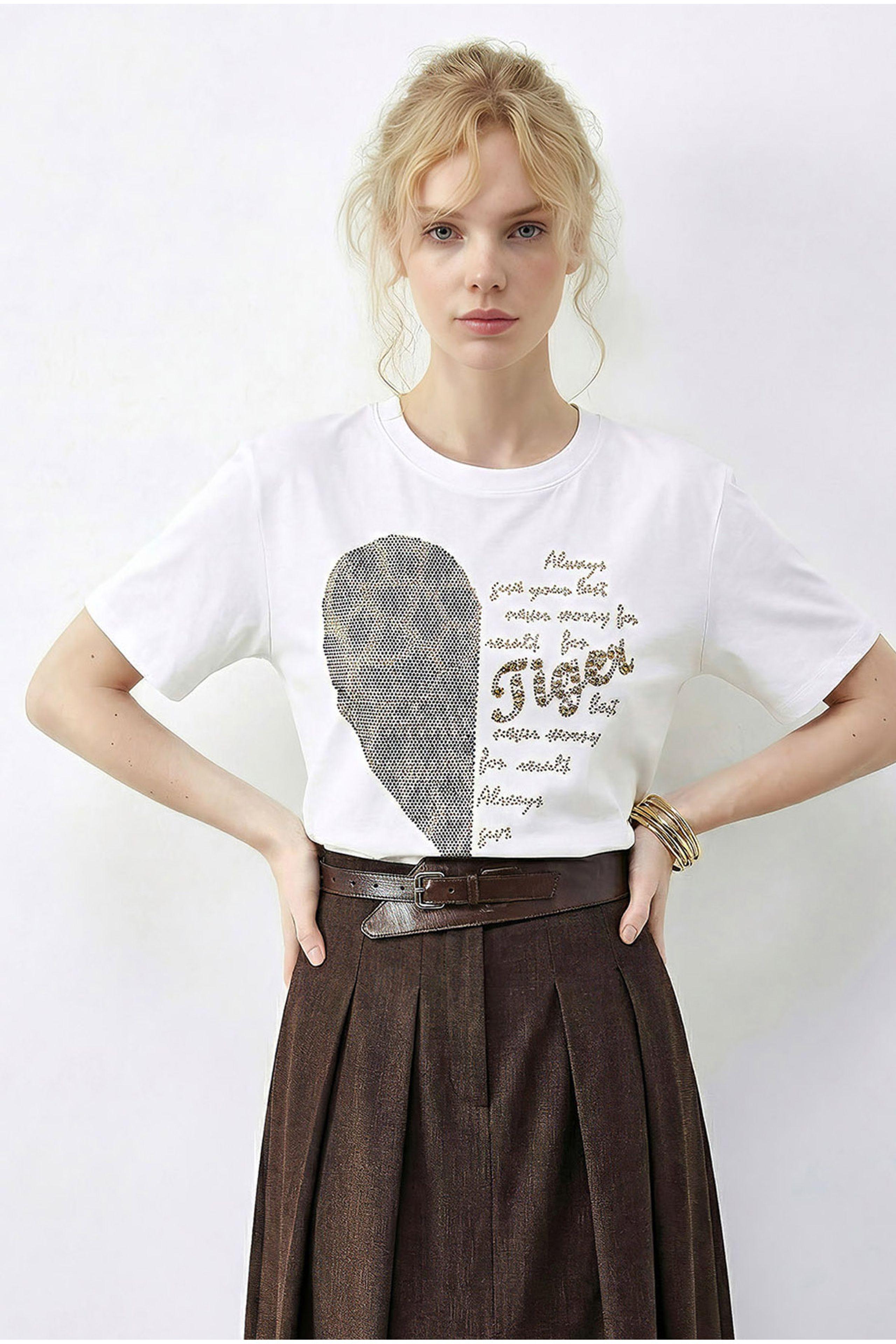 Rundhals-Glitzer-Textdruck-T-Shirt