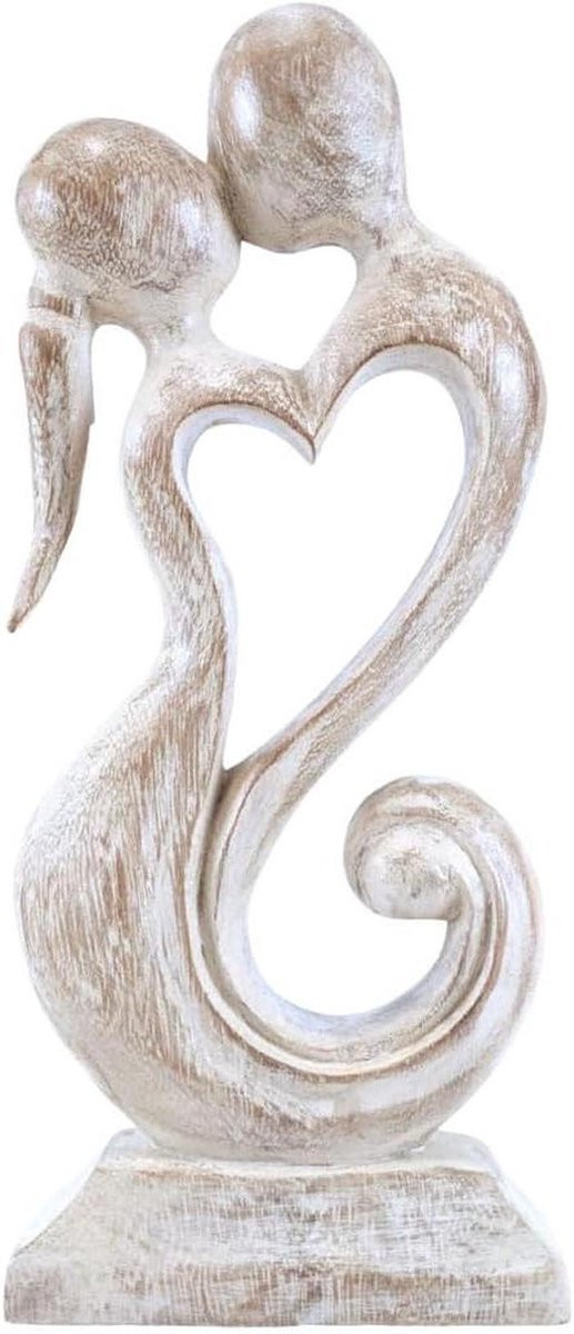 Decoratiefiguur Abstract Paar - Houten Beeld - Patina Wit - Hoogte: 30 cm