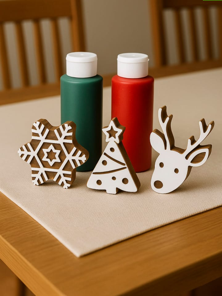 Samimi 7tlg. Blockdruck-Set ''Christmas'' in Beige/ Grün/ Rot - onesize