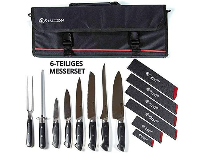 Stallion Professional Koch Messerset mit Tasche - 6 tlg. Profi Messerset mit Messertasche für Köche - Aus deutschem 1.4116 Messerstahl - Profi Kochmesser Set Tasche inkl. Wetzstahl und Fleischgabel