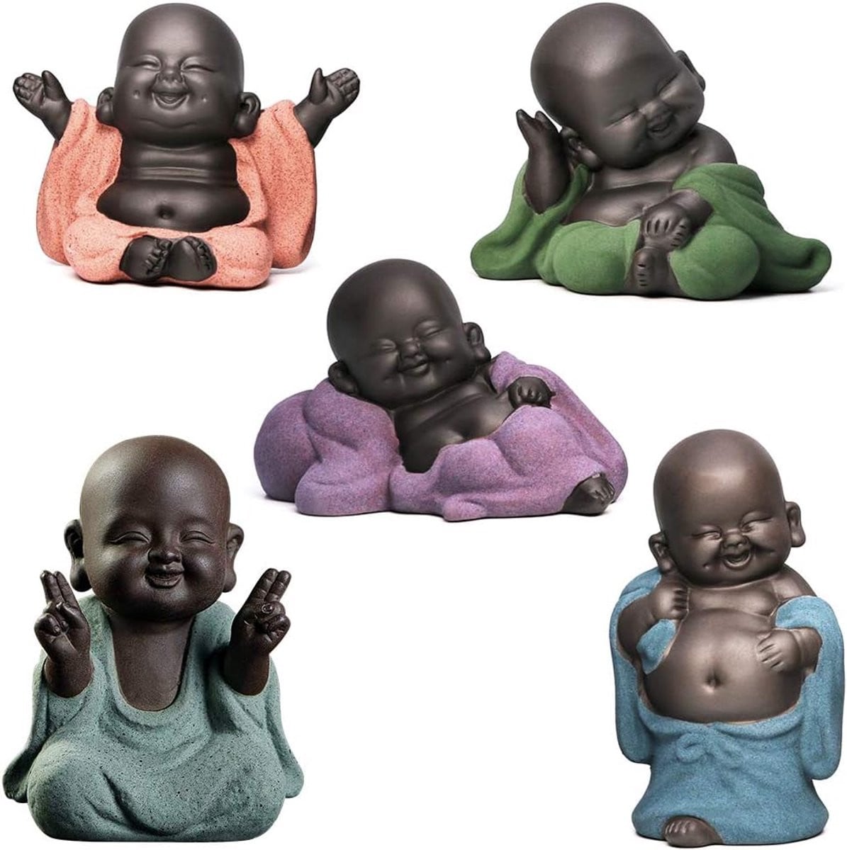 Set van 5 Keramische Buddha Beeldjes - Kleine Monnik Sculpturen voor Feng Shui Huisdecoratie