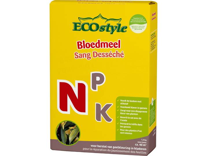ECOstyle Bloedmeel Voor Geelverkleuring - Voor Tekort Aan Stikstof - Voor Diepgroen Blad - Voorkomt Klaver in Gazons - 15 M² - 1\,6 KG