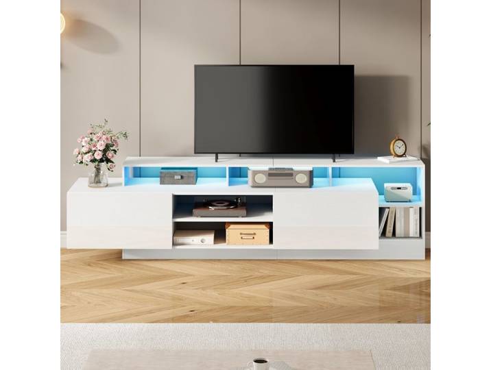 Meuble TV Bas Blanc 190 cm avec Éclairage LED Meuble Télévision Multimédia pour TV jusqu'à 70 Pouces