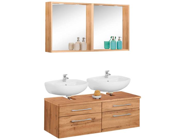 Badmöbel-Set WELLTIME Davos , braun (eichefarben), Holzwerkstoff, Kastenmöbel-Sets, Badmöbel-Set, 2 Spiegel inklusive Beleuchtung und Waschbeckenunterschrank