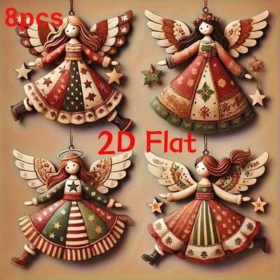 Inspired Living Handmade Vintage Wooden Angel Ornaments Set (4 8 12) Colorful Christmas Tree Angel Decorations 8pcs