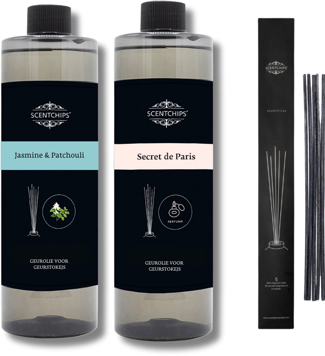 Scentchips Geurstokjes Navulling Set Jasmine Patchouli en Secret de Paris, 2 x 400ml