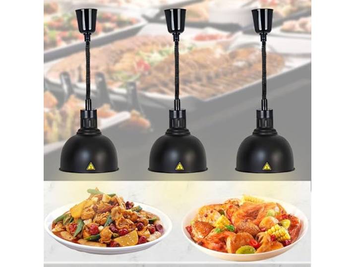BOVDC Wärmelampe Küche Gastro, Wärmelampe Speisen Hängend 19cm/25cm Speisewärmer Lampe für Buffet Höhenberstellbar, 250W Schwarz Lebensmittel Wärmelampe Küche für Essen