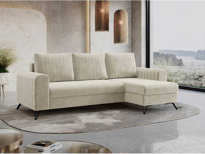 Ecksofa L-form, Bettsofa mit Schlaffunktion, zwei Bettkasten - AXEL - Milchig