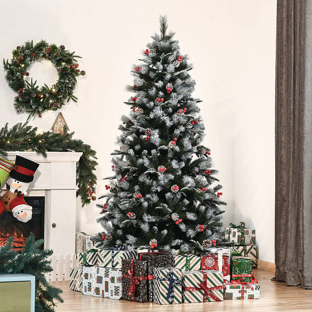 The Seasonal Aisle HOMCOM Artificial Snow Dipped Christmas Tree Xmas Holiday Pencil Tree Green Green, White 6' H