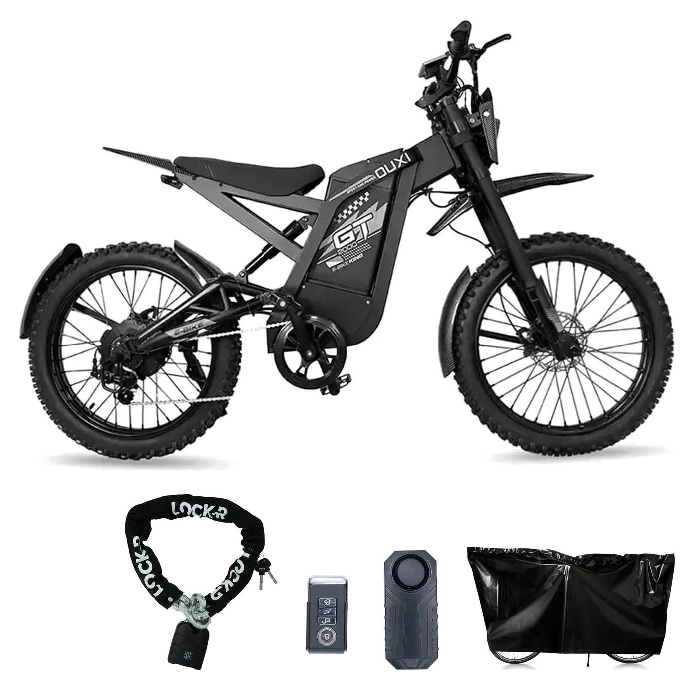 Ouxi GT-2000 - Offroad-fatbike - Set mit Kettenschloss, Fahrradalarm und Regenschutzhülle - Schwarz - 20 Zoll - 2000W Motor - 120 km Reichweite - Hydraulische Scheibenbremsen