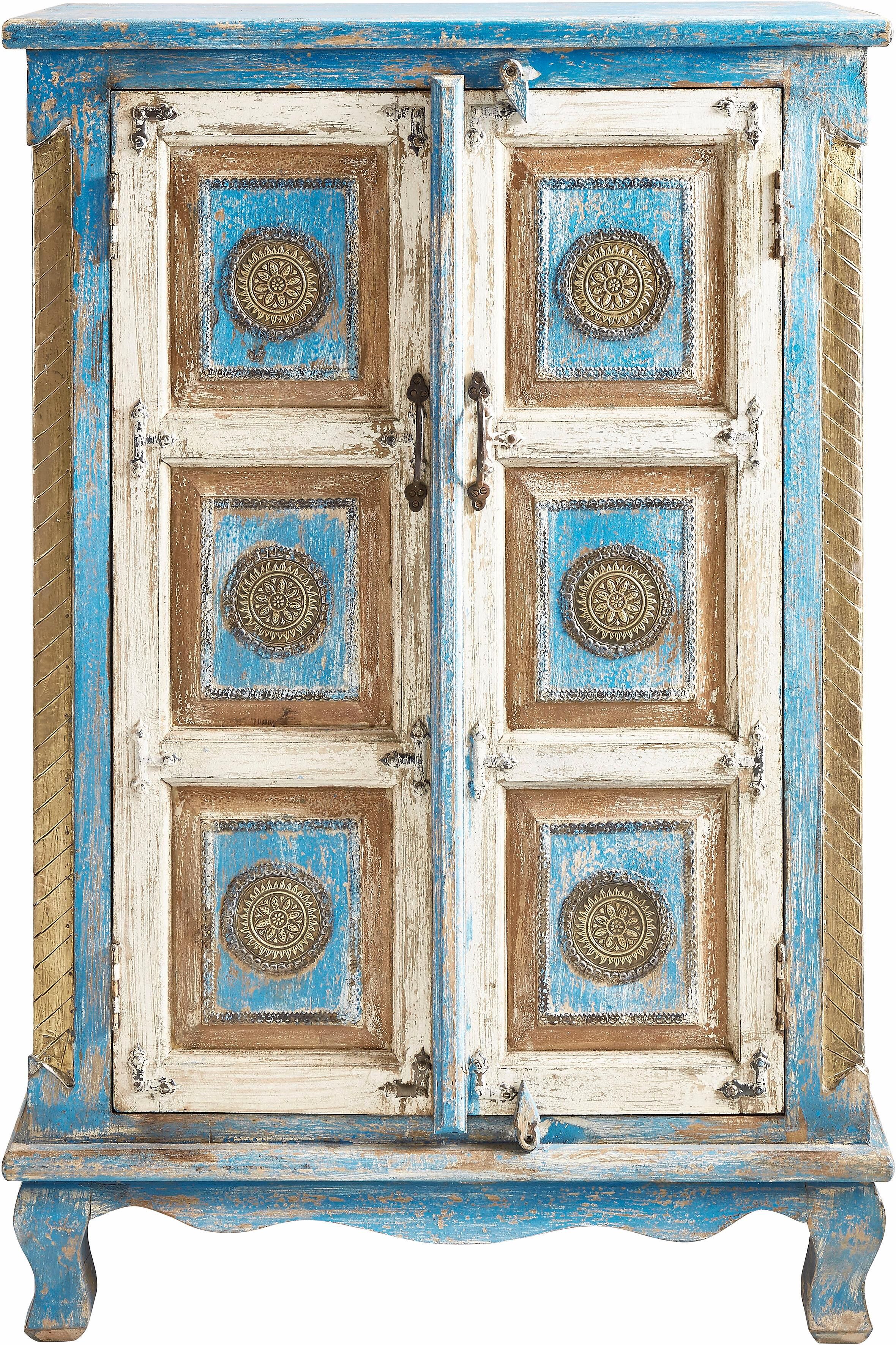 Highboard GOODPRODUCT "Mahar Kommode mit 2 Türen, 3 Fächern und Metallgriffen, 120cm hoch", blau (antik blau, creme), B:80cm H:120cm T:40cm, Sideboards, Highboard, Stauraumschrank, Höhe 120 cm, mit aufwendiger Schnitzerei antik blau, creme B/H/T: 80cm x 1