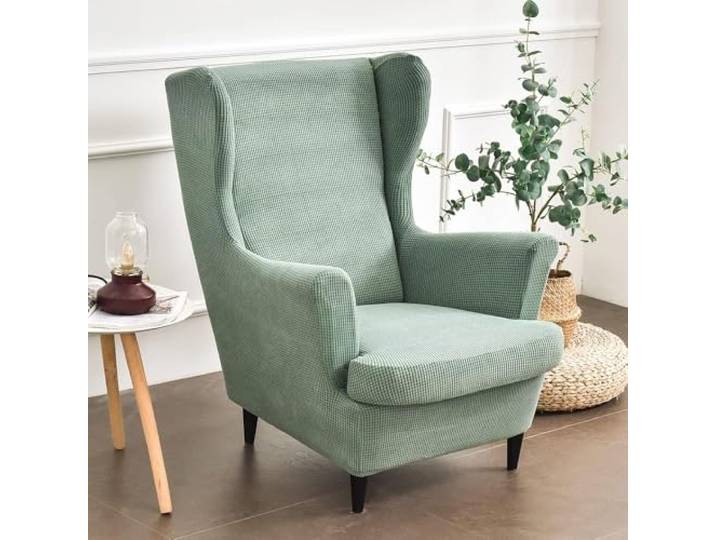 Housse de fauteuil à oreilles extensible 2 pièces\, couleur unie\, jacquard épais\, housse de canapé 1 place Strandmon avec housse de coussin\, lavable\, for salon et chambre à coucher(Verde Matcha)
