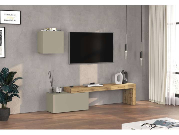 TV-Wand GOODPRODUCT Chronos TV-Set, Wohnwand – Elemente frei platzierbar, Made in Italy , taube, eiche wotan, B:220cm H:190cm T:40cm, Kastenmöbel-Sets, TV-Wand, Lowboard Breite 220 cm, Hängeschrank Breite 50 cm, Made in Italy