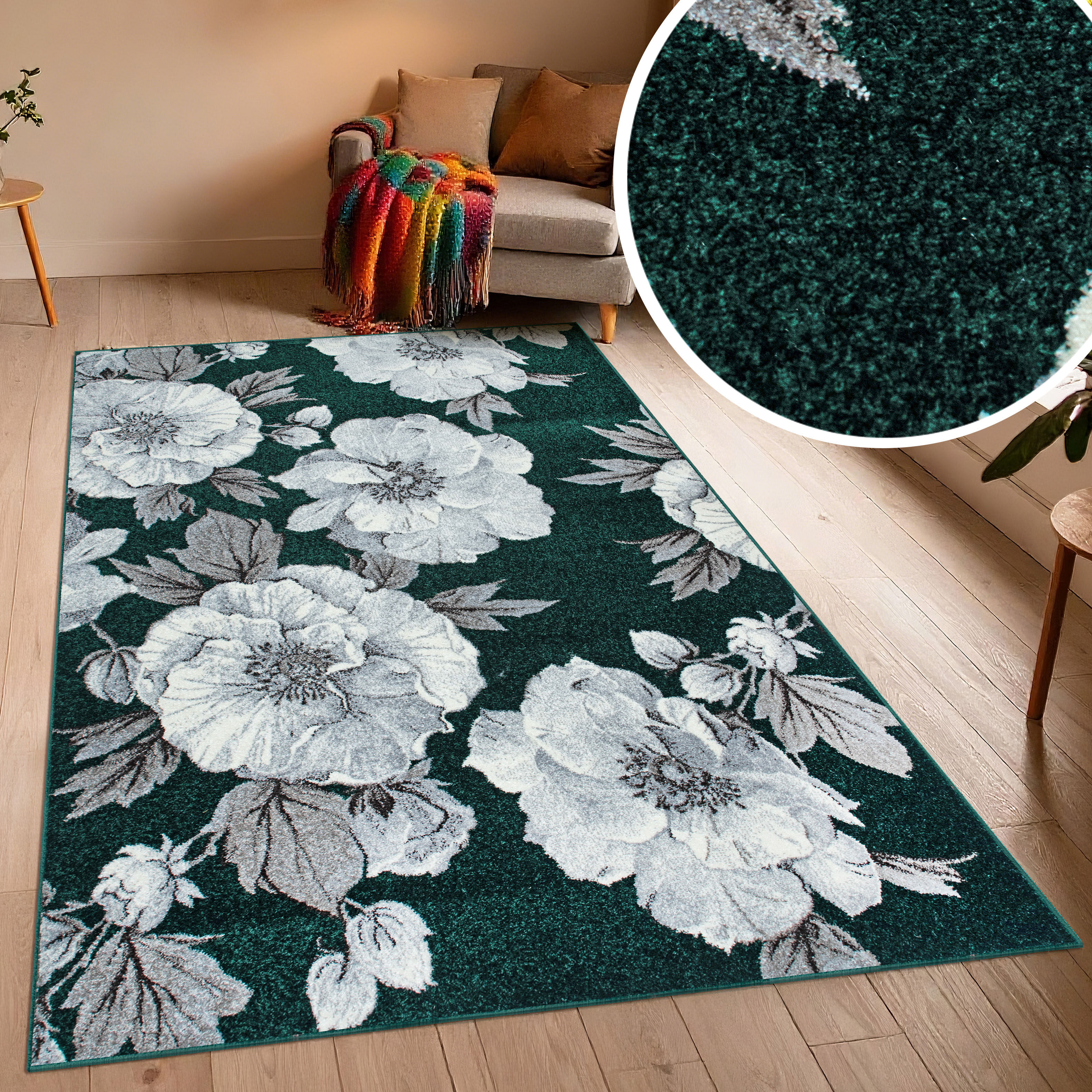 Teppich GOODPRODUCT "Florent, Blumen Design, Vintage", grün, B:60cm H:9mm L:110cm, Kunstfaser, Teppiche, Teppich, Floral, detailreiche Blüten, Botanical, elegant, Wohnzimmer grün B : 60cm 1 Stk., 9mm, L: 110cm