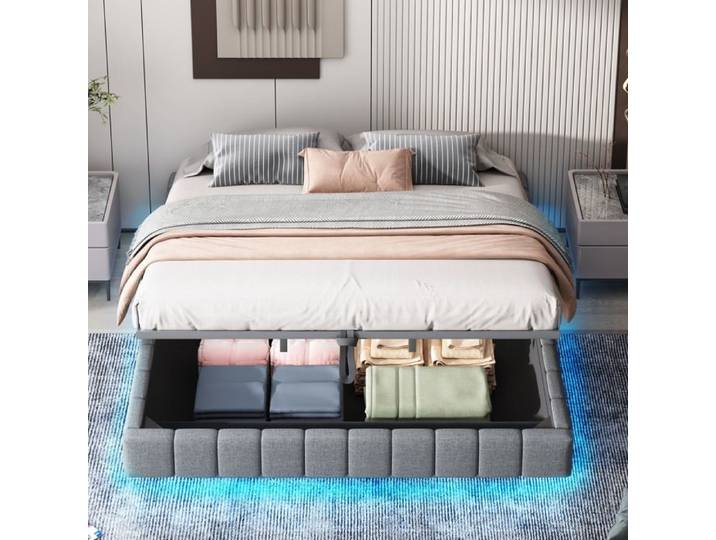 ROVRYN Lit coffre rembourré 180x200 cm avec LED ouverture hydraulique sans tête de lit gris