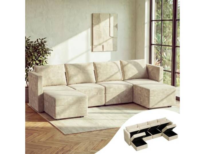 JUMMICO Modulares Sofa U-Form Ecksofa 280 cm breit Sofa mit Stauraum,Links Chaiselongue,Velours‑Stoff für Sofa,Wohnzimmer Couch,Flauschige Cloud‑Polster,Beige