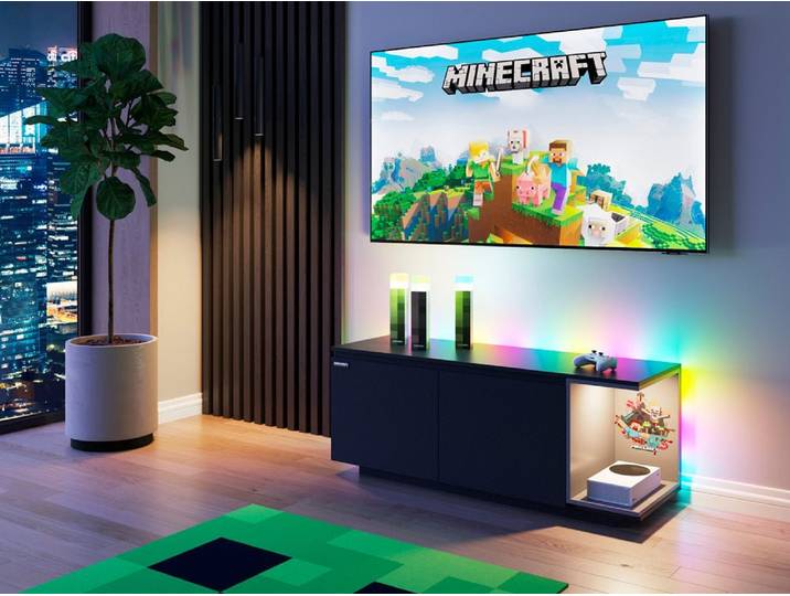 Minecraft Lowboard „BlockBase“ – mit Türen, Konsole-Fach & LED-Element - Luxusbetten24