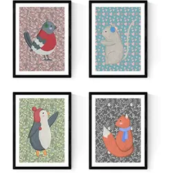 POSTER Set mit 4 süße Tiere A4 Schwarzer Rahmen